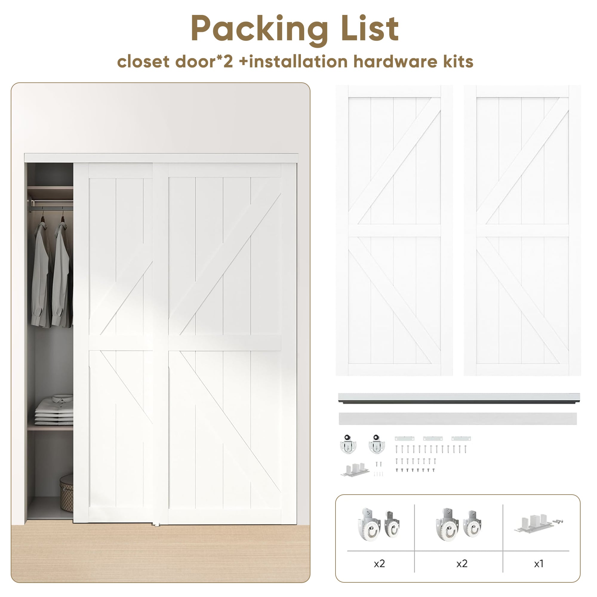 JUBEST 60"(Double 31") X80" Sliding Closet Door, K Style Bypass Closet Door With Hardware Kit & Matching Fascia, Preassembled Solid Wood Slab With Water-Proof PVC Surface, Easy To Install, White_voghion.com